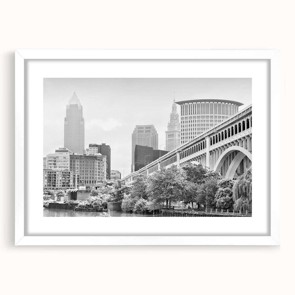 Abstract art print featuring swirling blue and white patterns on a rolled canvas.