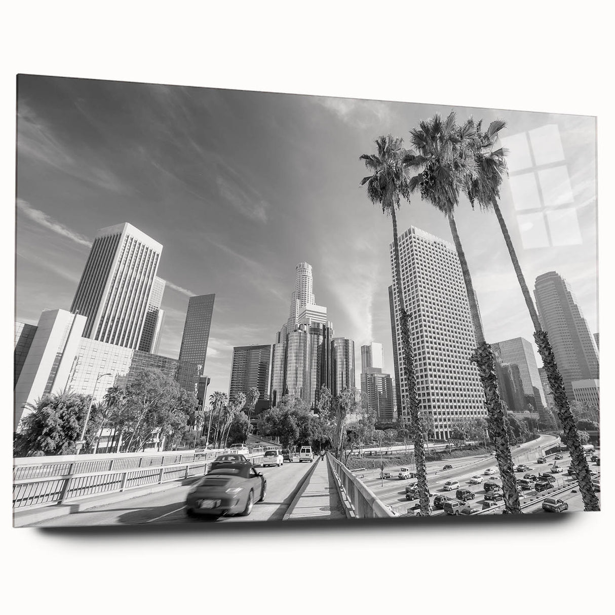 Large abstract wall art in vibrant orange and blue tones on canvas, ideal for bedroom or dining room decor.