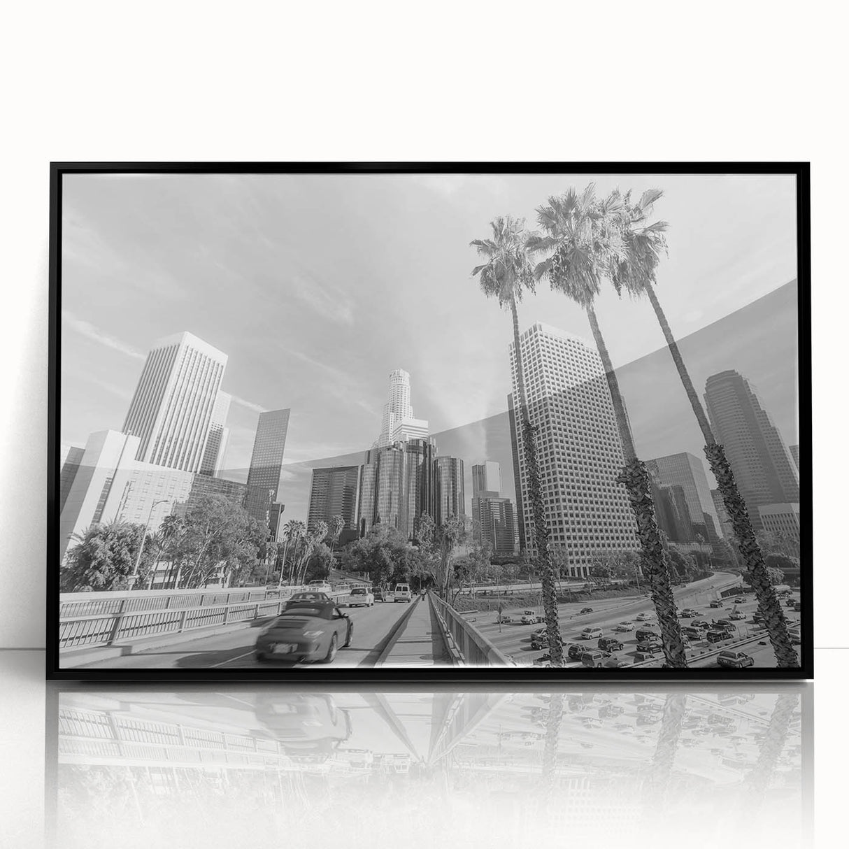 Large abstract wall art in vibrant orange and blue tones on canvas, in a mid-century modernist style.