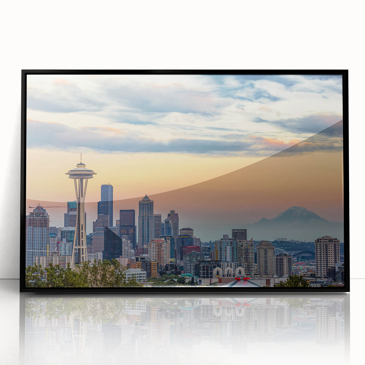 Large abstract wall art in vibrant orange and blue tones on canvas, reflecting mid-century modernist style.