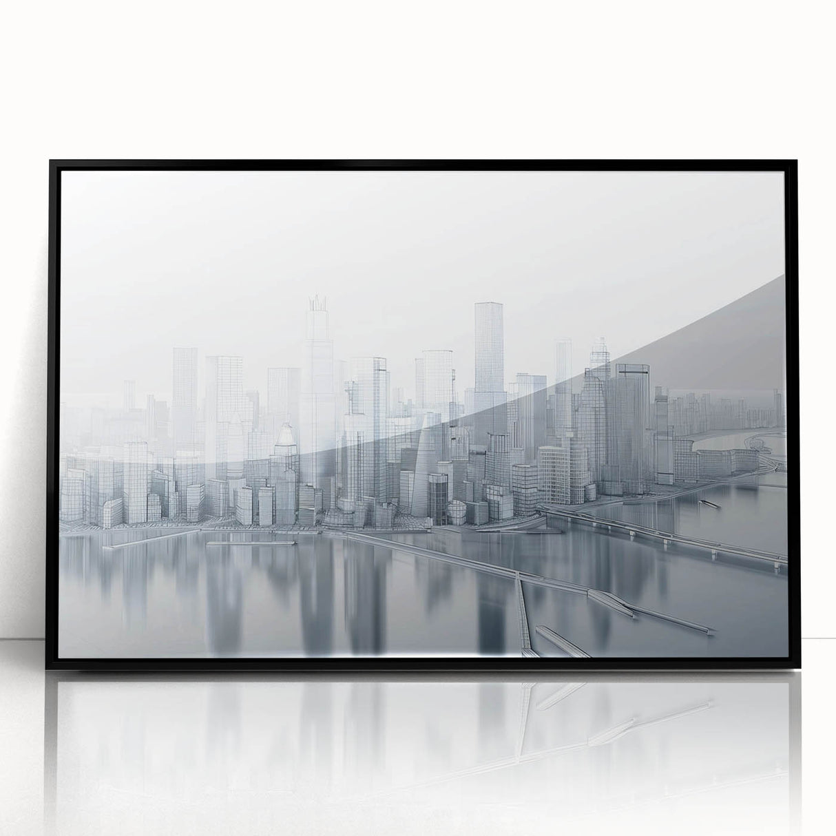 Large abstract wall art in mid-century modernist style, featuring bold geometric shapes in orange and teal on canvas.