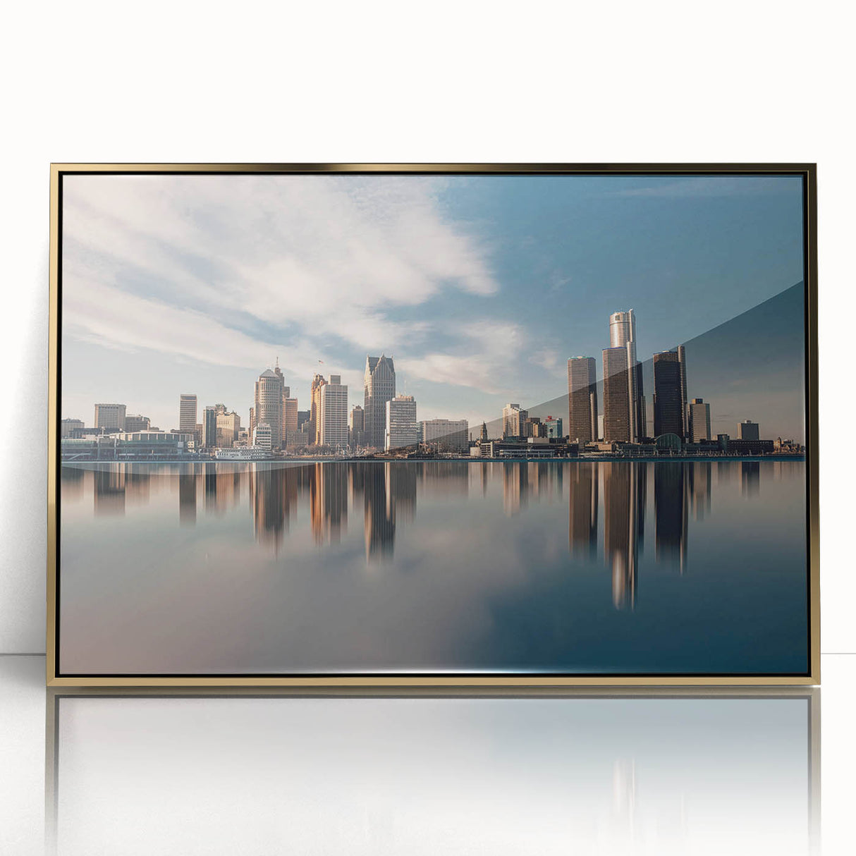 Large art print of a mid-century modernist cityscape in muted greens and browns on canvas, ideal for modern art wall decor.