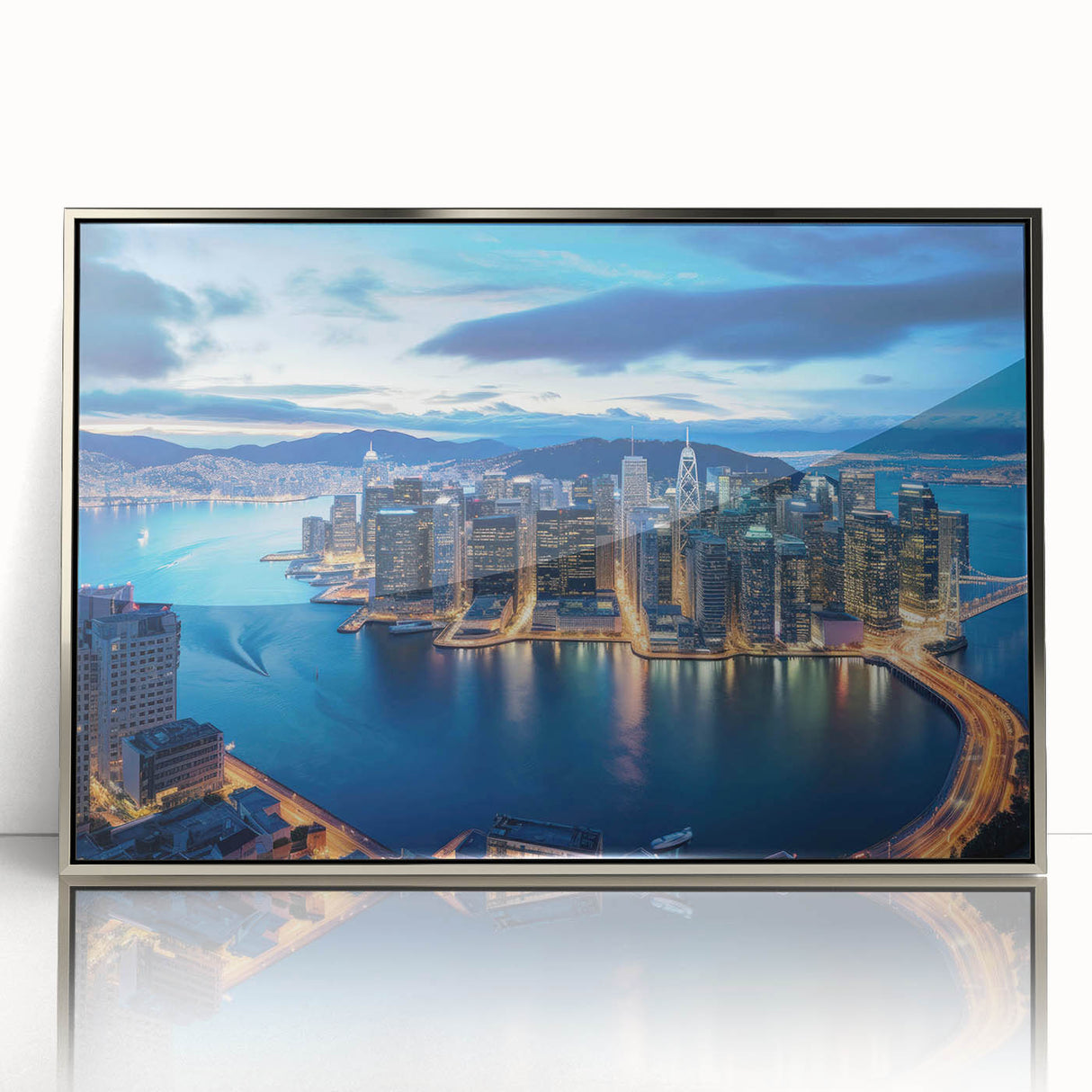 Mid-century modernist art poster featuring geometric shapes in muted blue and orange, printed on canvas.