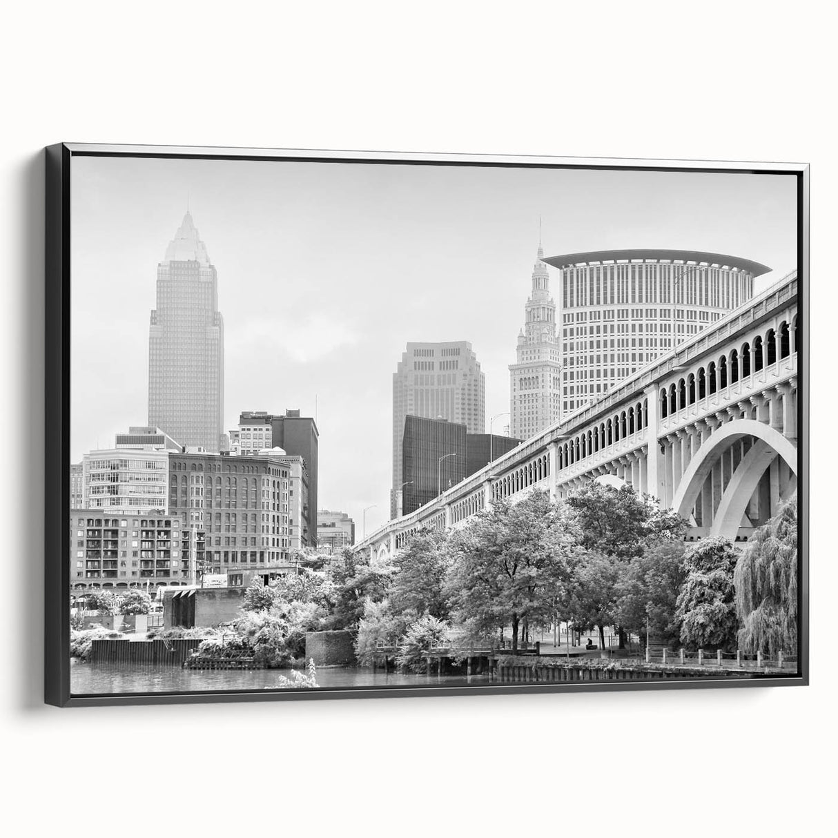 Black and white vintage poster art depicting a serene landscape, ideal for bedroom wall decor.