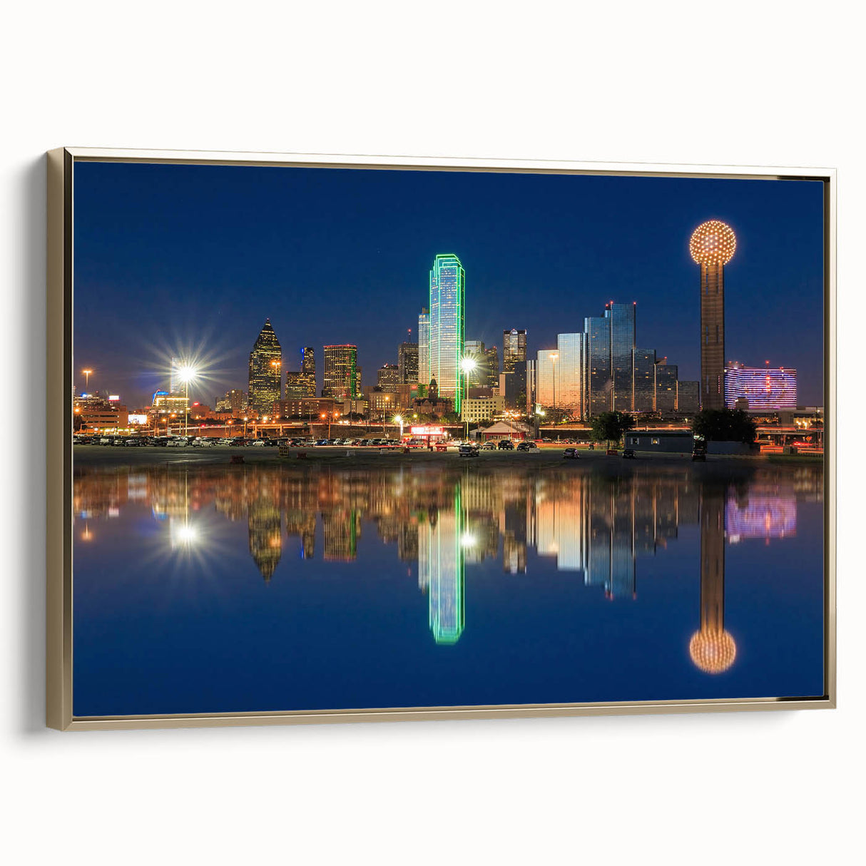 Landscape painting of serene lake at sunset in muted blues and oranges on canvas, ideal for bedroom wall art.