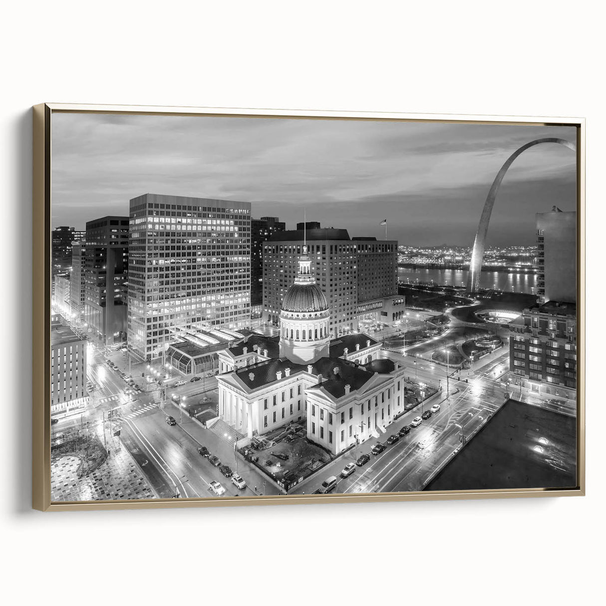 Vintage poster art of a black and white landscape, printed on framed canvas, ideal for bedroom wall decor.