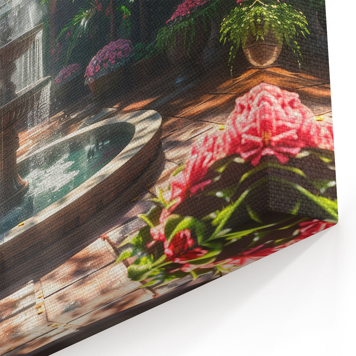 Verdant Courtyard Fountain - Lush Greenery and Floral Wall Art Print