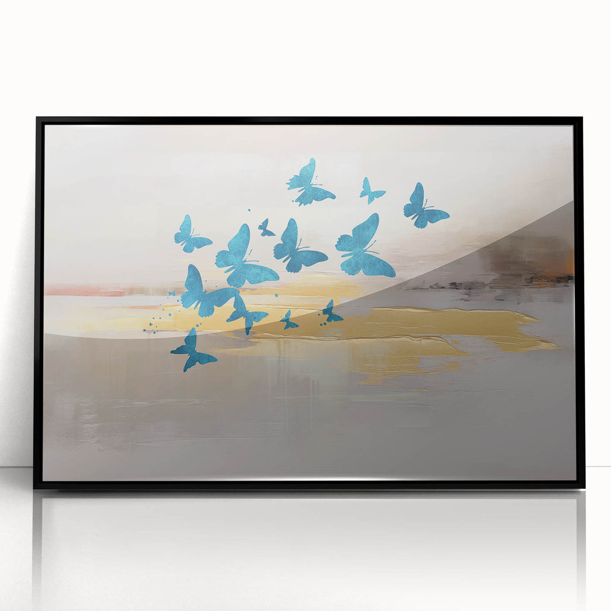 Colorful abstract wall art canvas showcasing vibrant geometric shapes and fluid lines in blues, oranges, and yellows, perfect for modern decor.