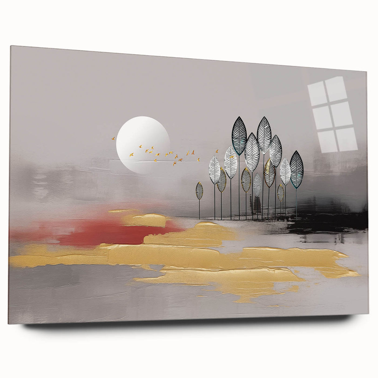 Abstract canvas wall art in vibrant colors, showcasing geometric shapes and fluid patterns, elegantly displayed in a modern living room setting. Perfect for contemporary decor.
