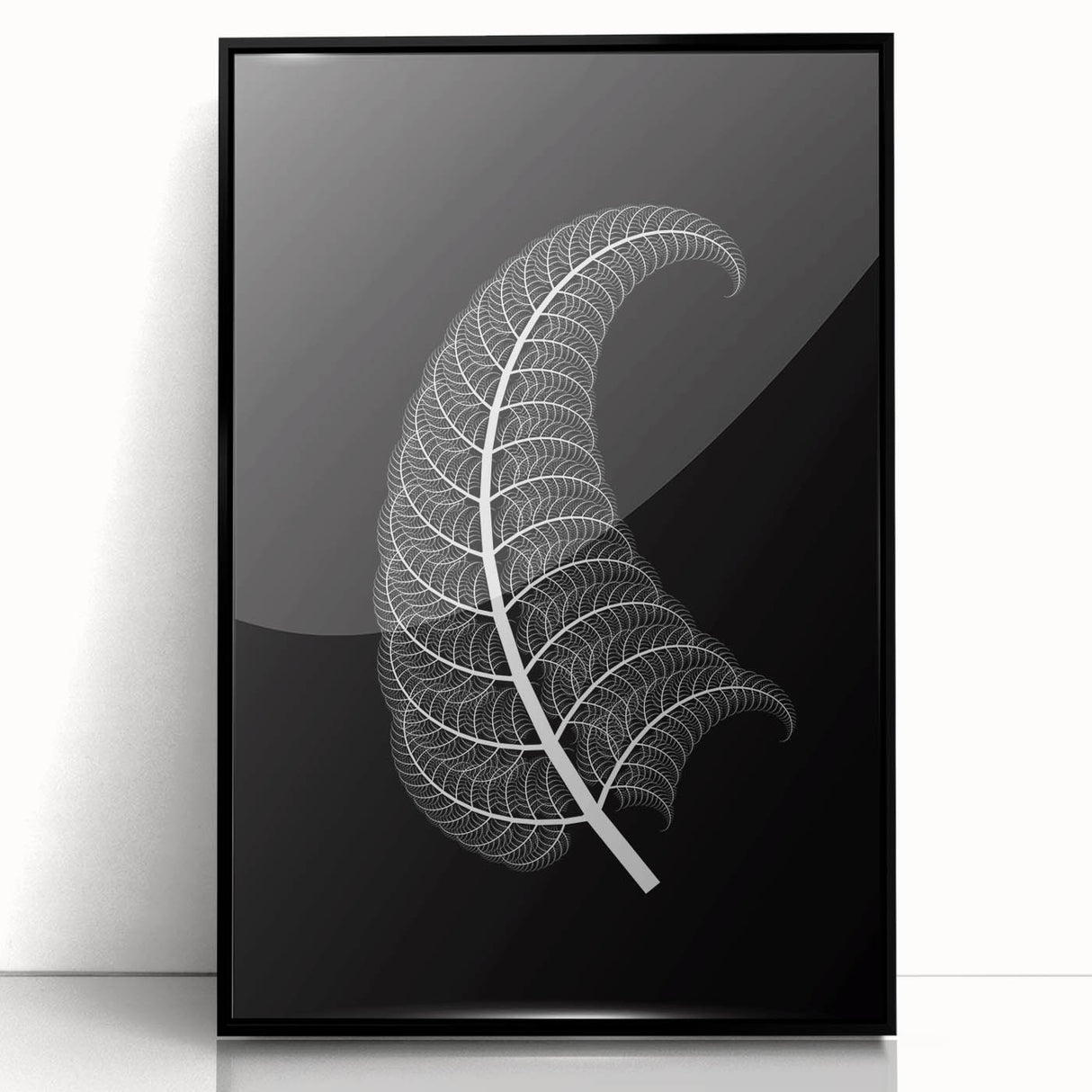 Framed acrylic print showcasing a modern black and white abstract design, elegantly displayed from the front view, perfect for contemporary home decor or office styling.