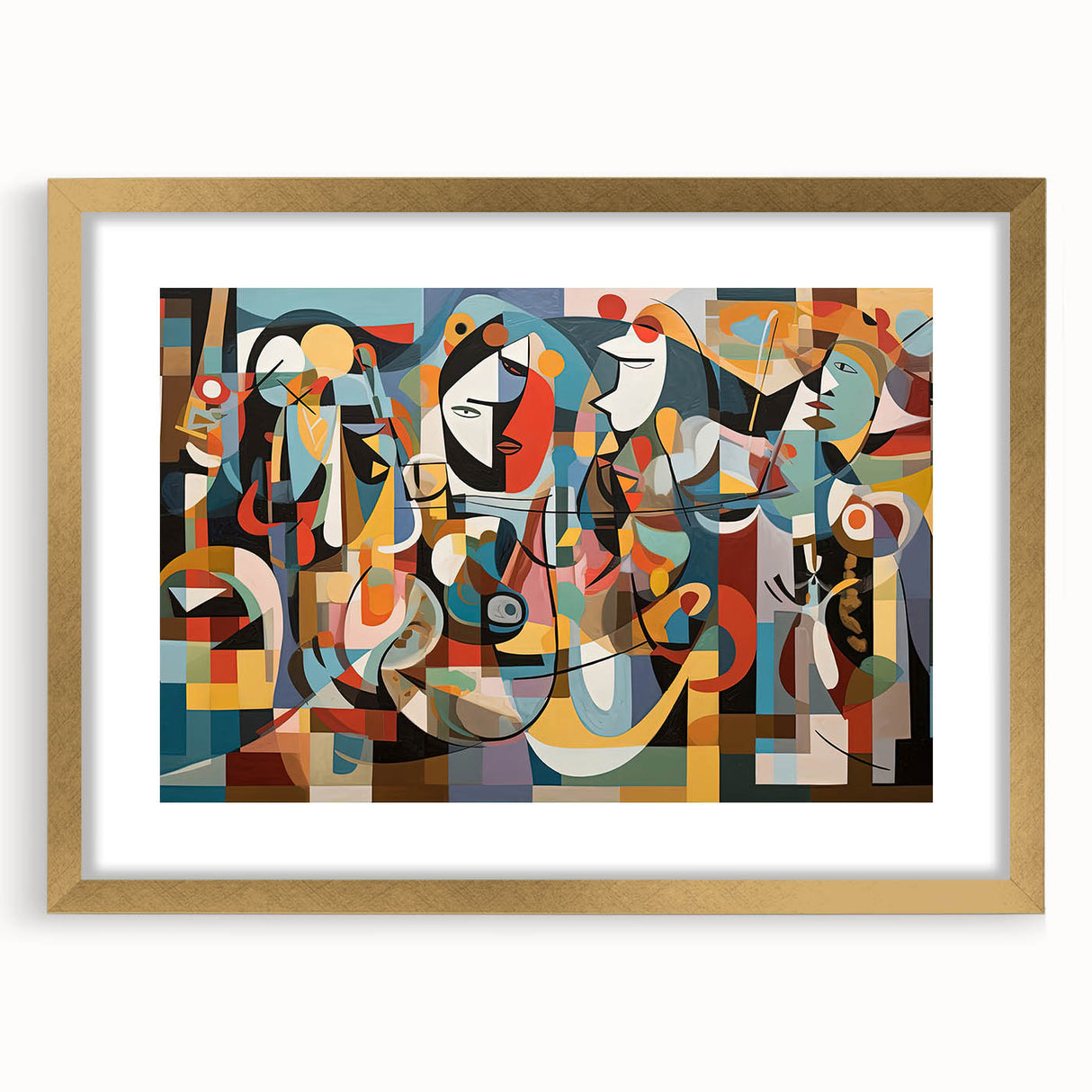 Elegant gold-framed artwork featuring a vibrant abstract painting, enhanced with a textured mat, displayed in a well-lit setting, perfect for home decor.