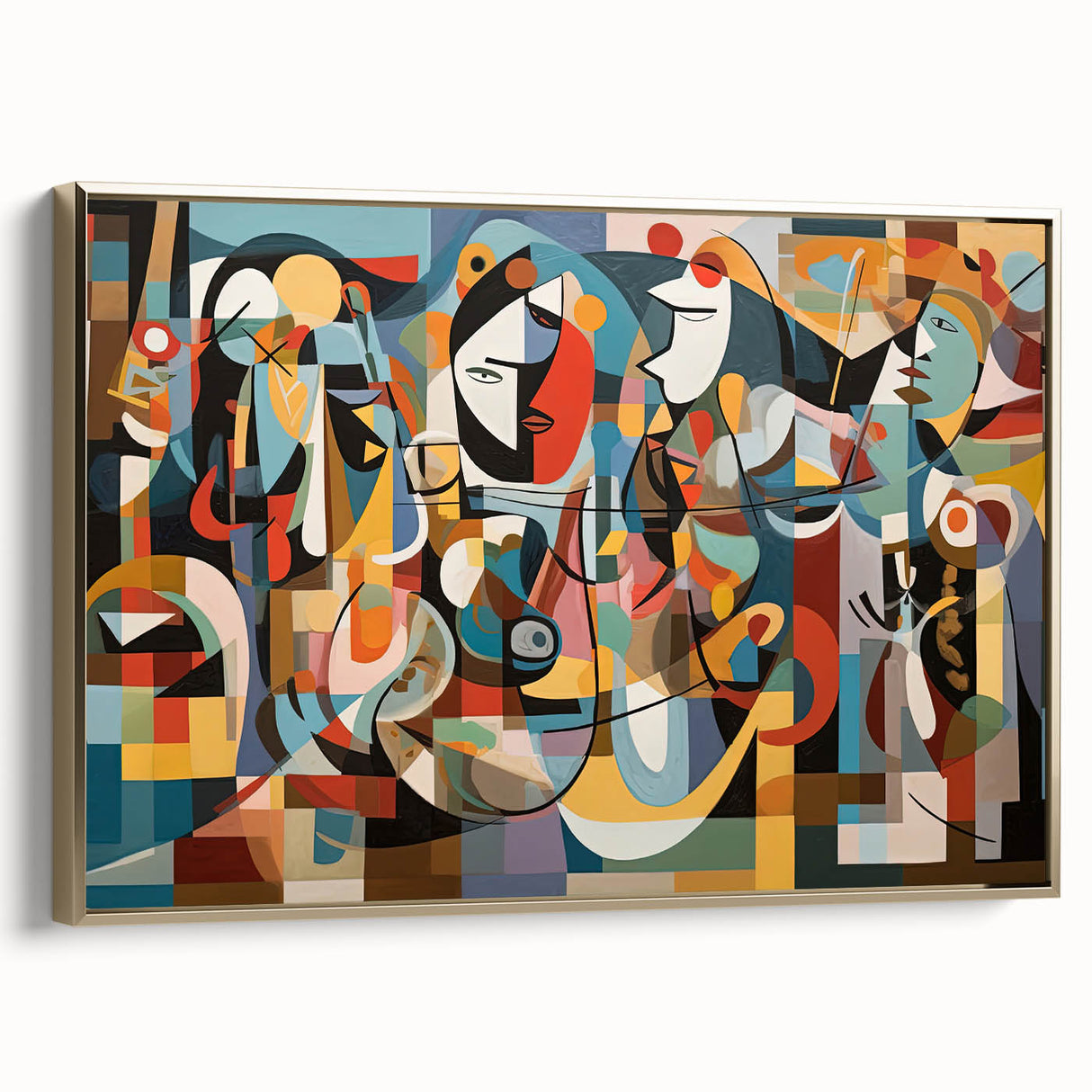 Framed canvas artwork showcasing a vibrant abstract design with gold accents, elegantly displayed from a side view, perfect for modern home decor.