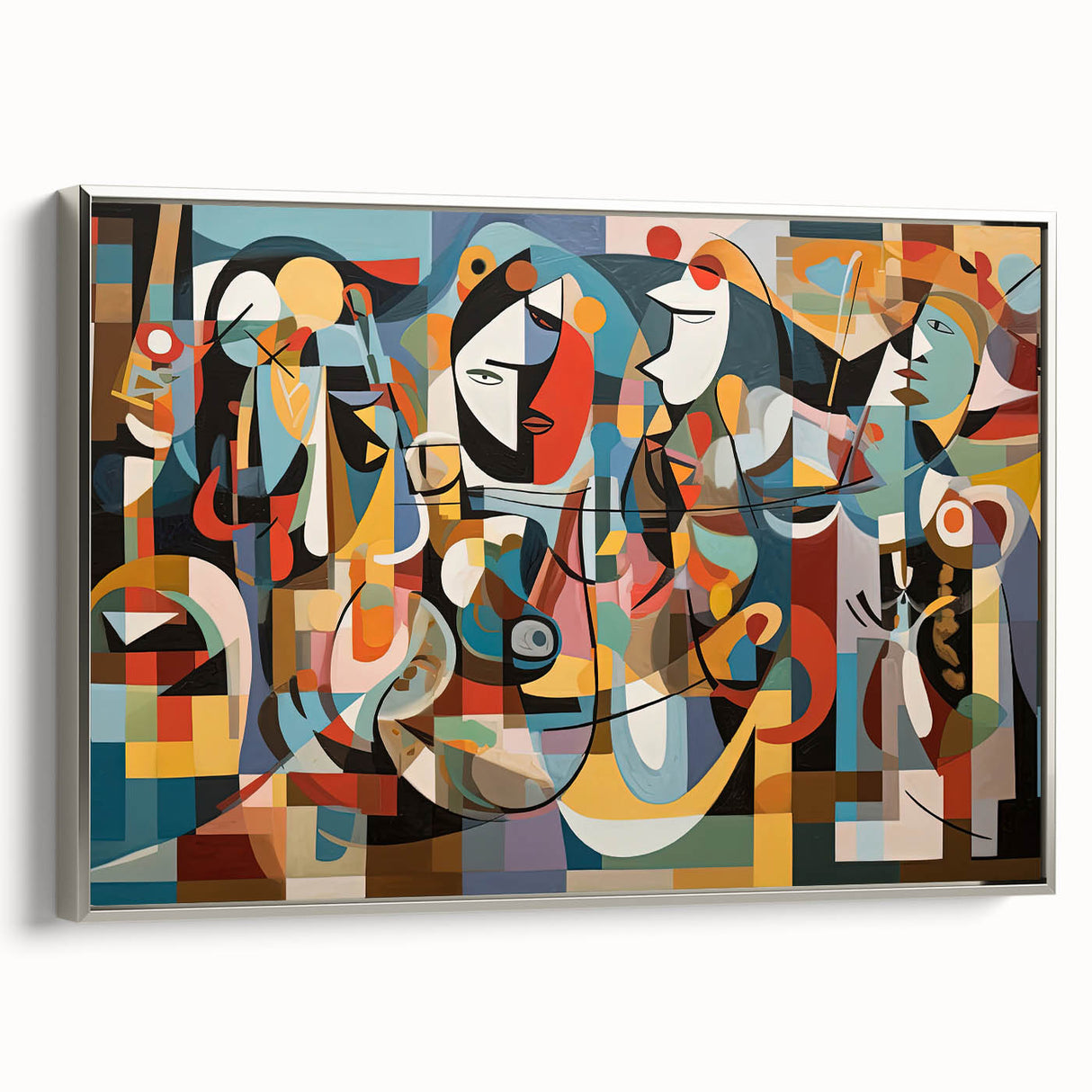 Framed canvas artwork showcasing a vibrant abstract design in bold colors, viewed from the side to highlight the elegant silver frame and textured surface.
