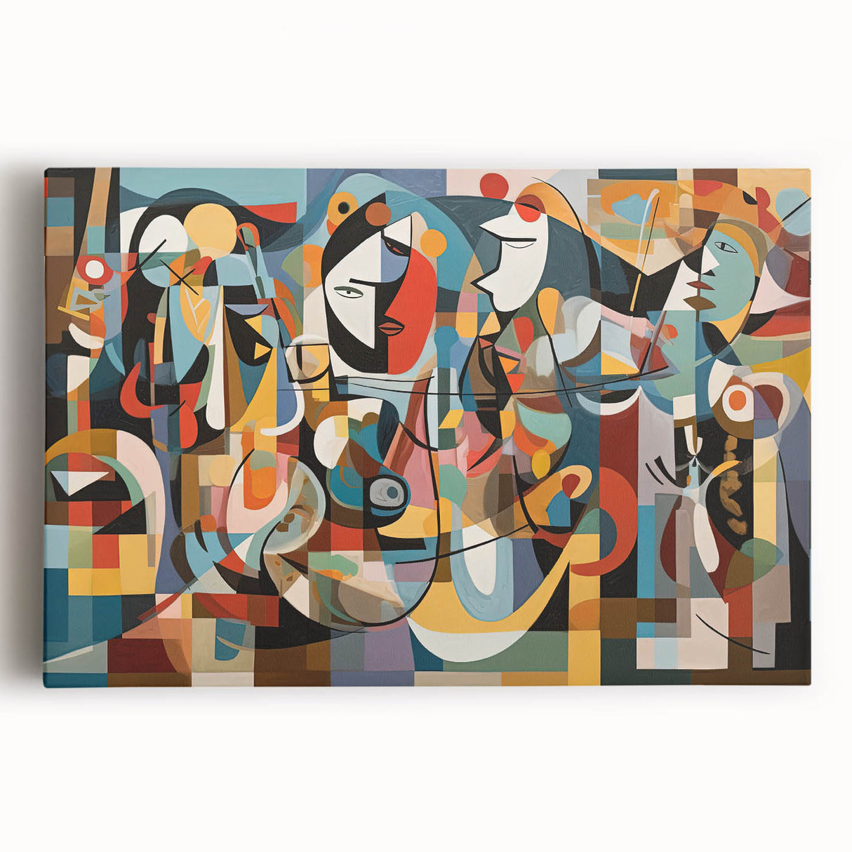 Stretched canvas artwork showcasing a vibrant abstract design with bold colors, framed for display, ideal for modern home decor or art enthusiasts.