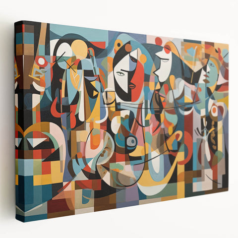 Stretched canvas artwork showcasing a vibrant abstract landscape design in bold colors, viewed from the side, perfect for modern home decor.