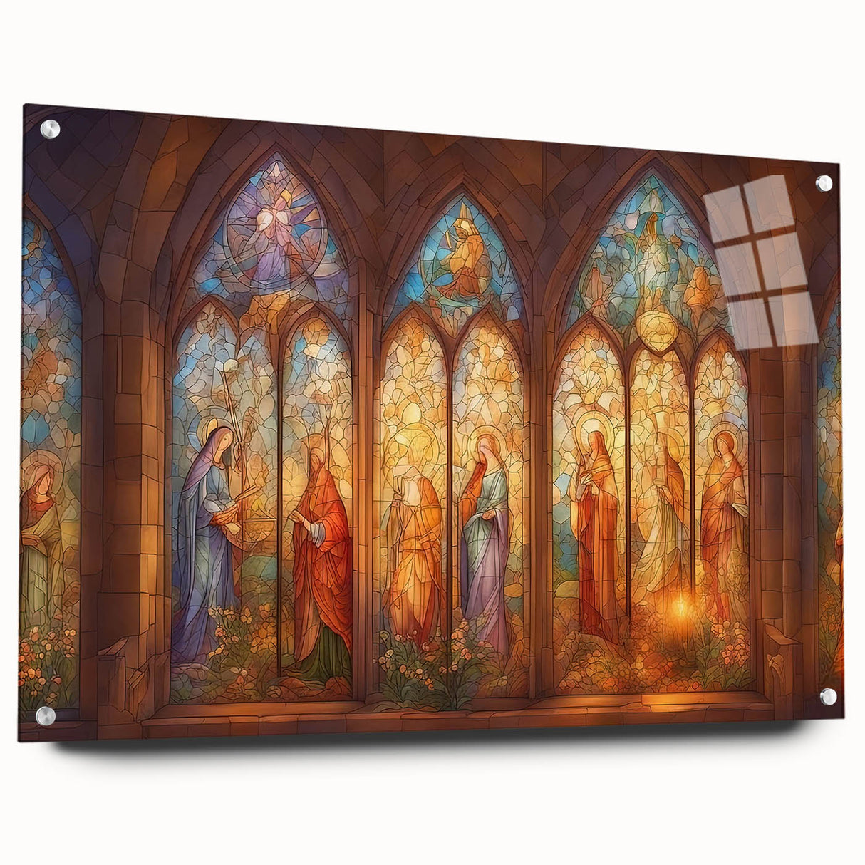 Acrylic glass display featuring a side view with metal pins, showcasing a sleek and modern design ideal for contemporary decor. Perfect for art or photo mounting.