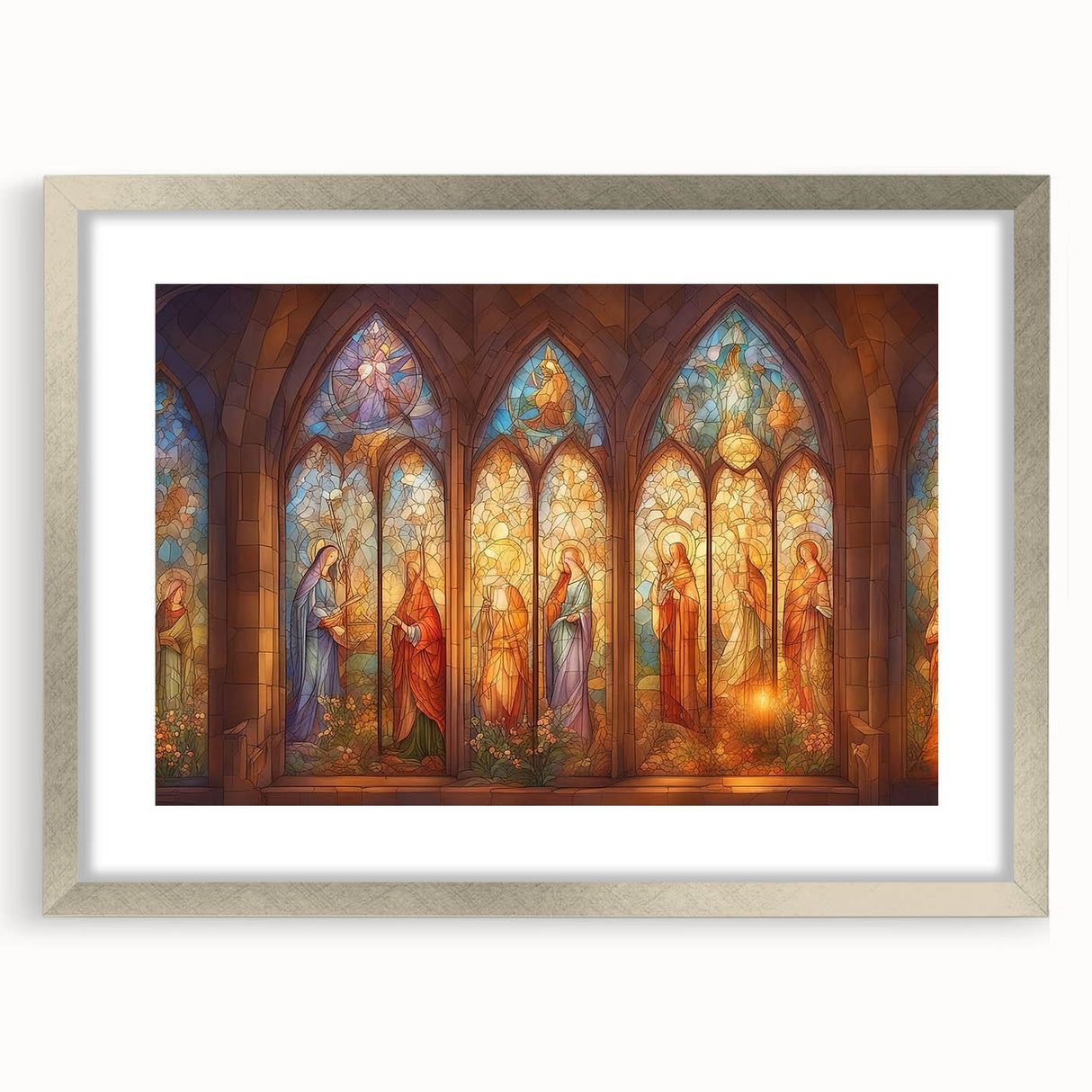 Silver-framed artwork featuring a vibrant landscape scene, displayed with a white mat, showcasing its elegant design from a front view perspective. Perfect for home decor.