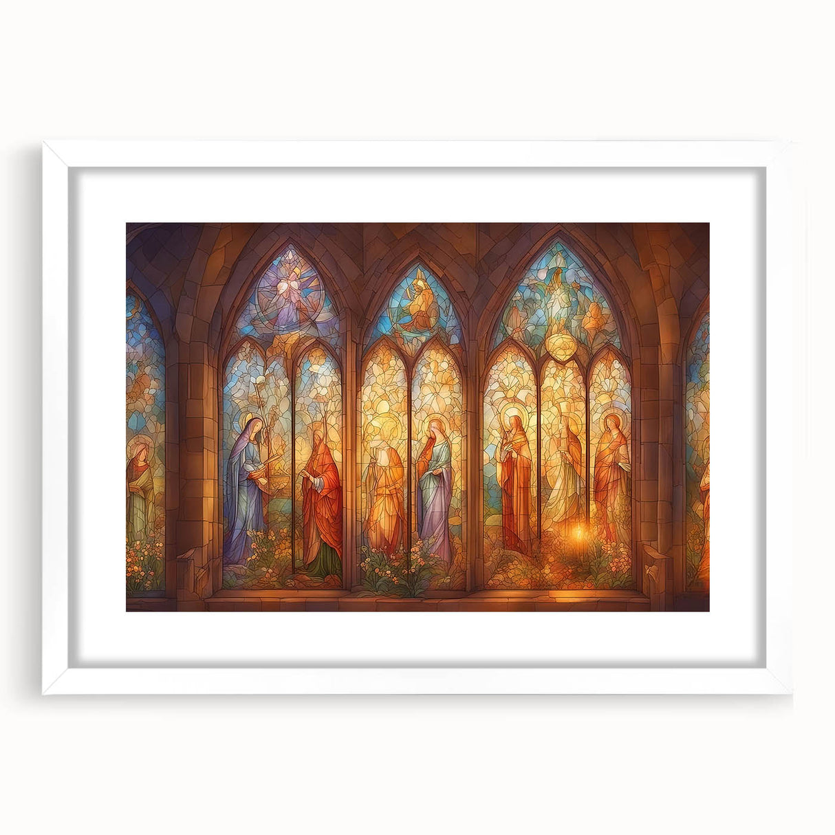 Elegant white frame with a mat, showcasing a vibrant landscape artwork, positioned against a soft gray background, ideal for home decor enhancement.