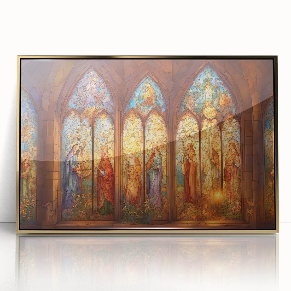 Framed acrylic print showcasing a modern gold abstract design, elegantly displayed from the front view, ideal for contemporary home decor and art enthusiasts.