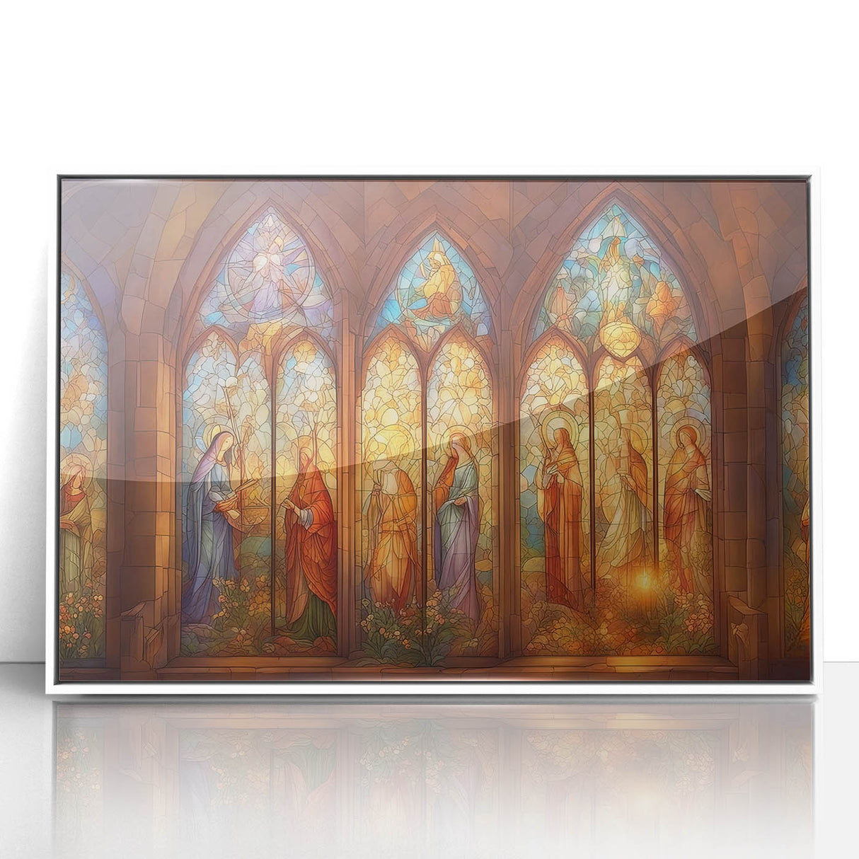 Framed acrylic print showcasing a modern white abstract design, perfect for contemporary home decor. The artwork features smooth lines and vibrant hues, enhancing any interior space with a stylish touch.