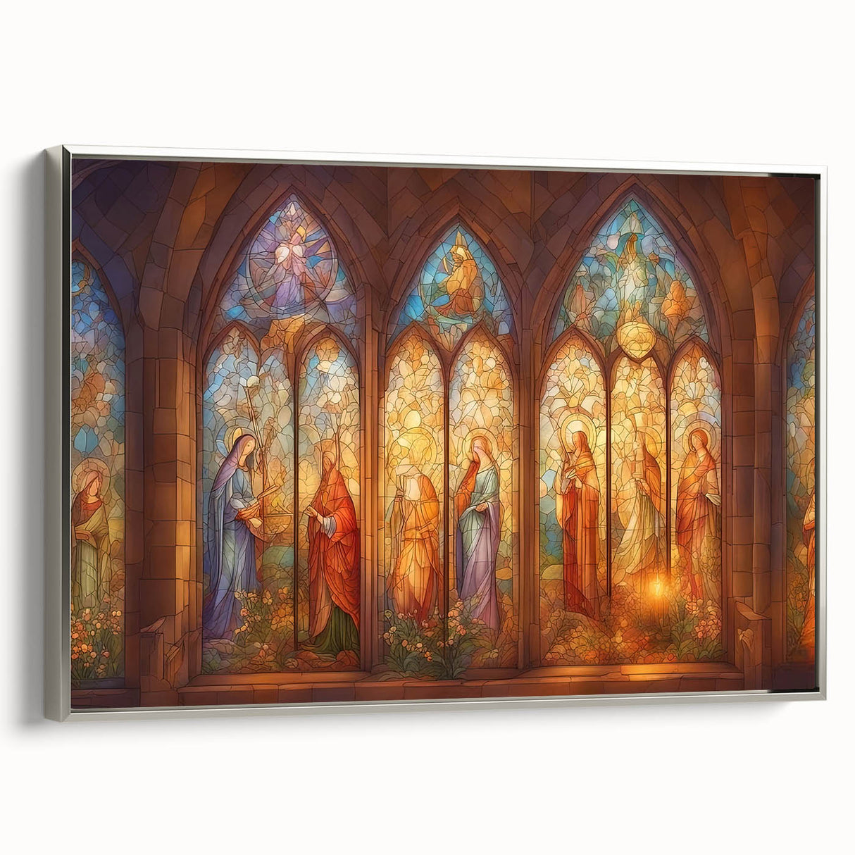 Framed canvas wall art showcasing a vibrant abstract design with silver accents, displayed in a modern setting, ideal for home decor or office styling.