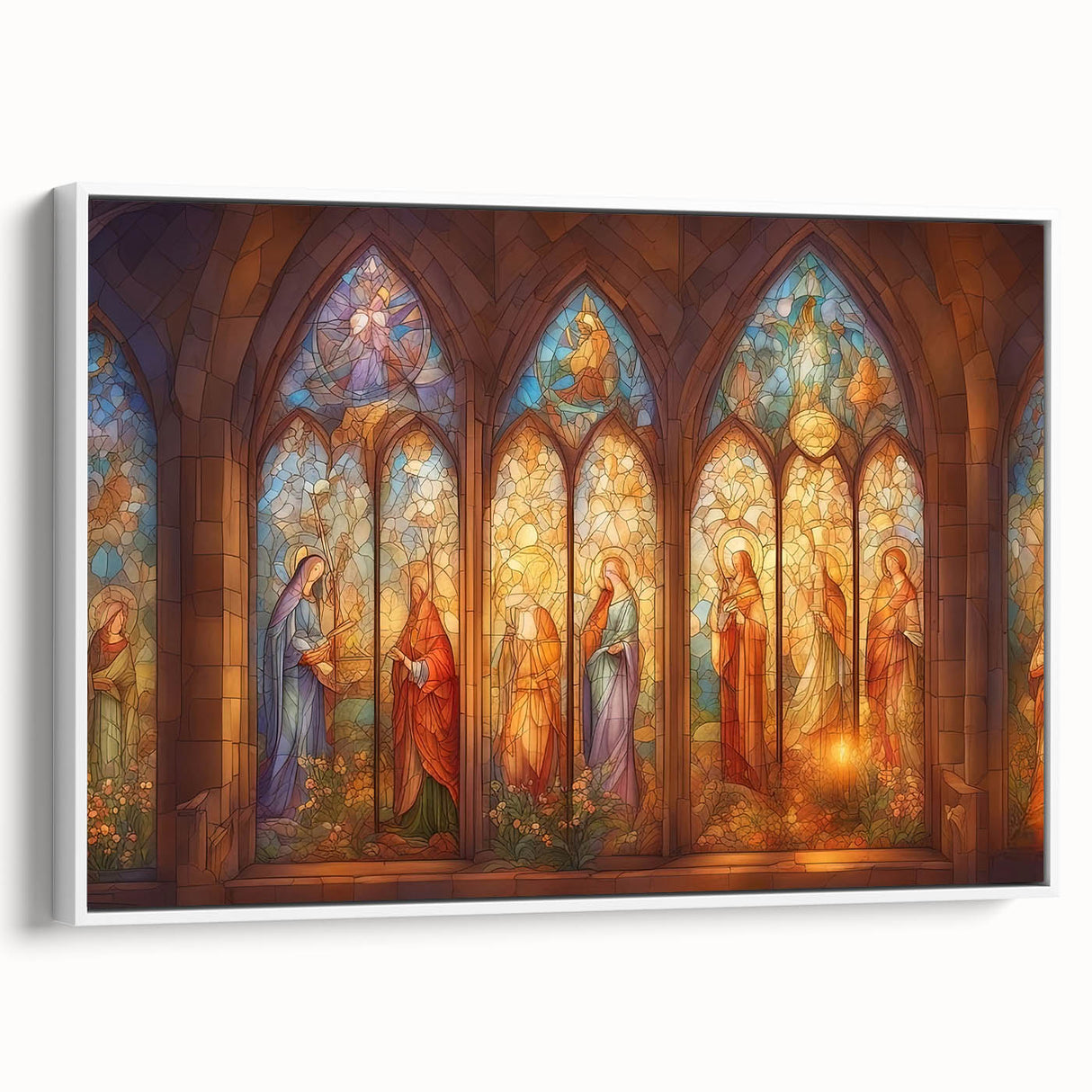 Framed canvas print showcasing a vibrant abstract design in hues of blue and gold, displayed from a side view on a white background, ideal for modern decor.