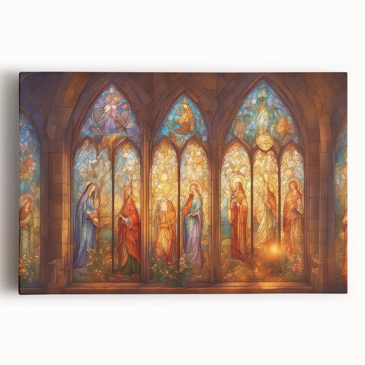 Stretched canvas artwork showcasing a vibrant abstract landscape in bold colors, highlighting deep blues and warm oranges, ideal for modern home decor.