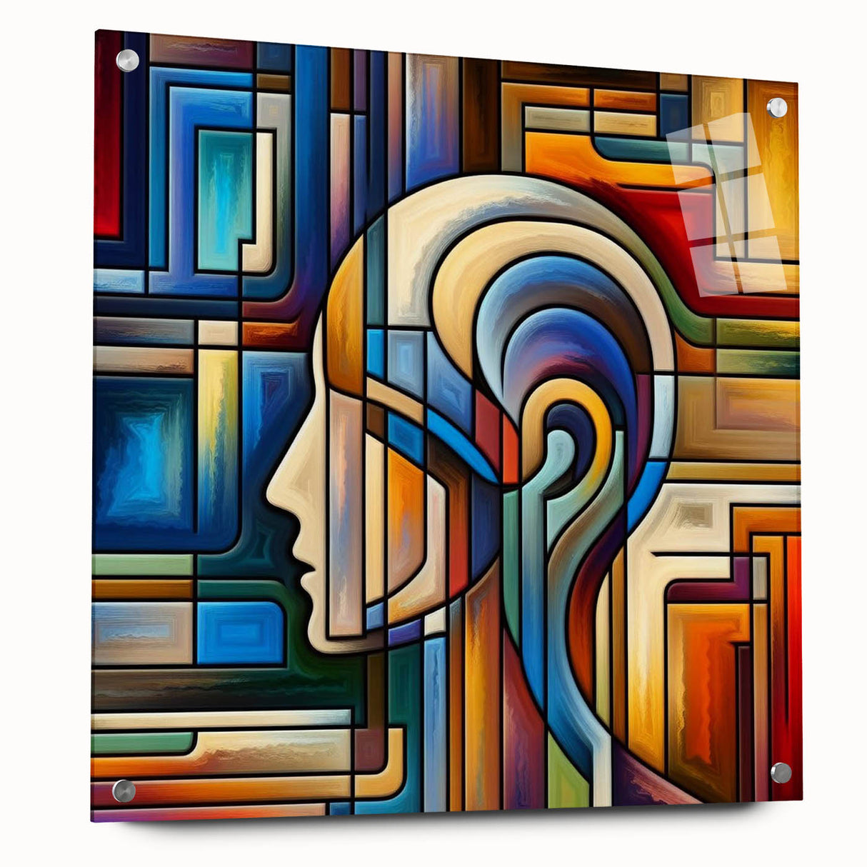 Acrylic glass panel displaying a clear side view, showcasing precision-cut edges and small metallic pins for secure mounting. Ideal for modern decor.