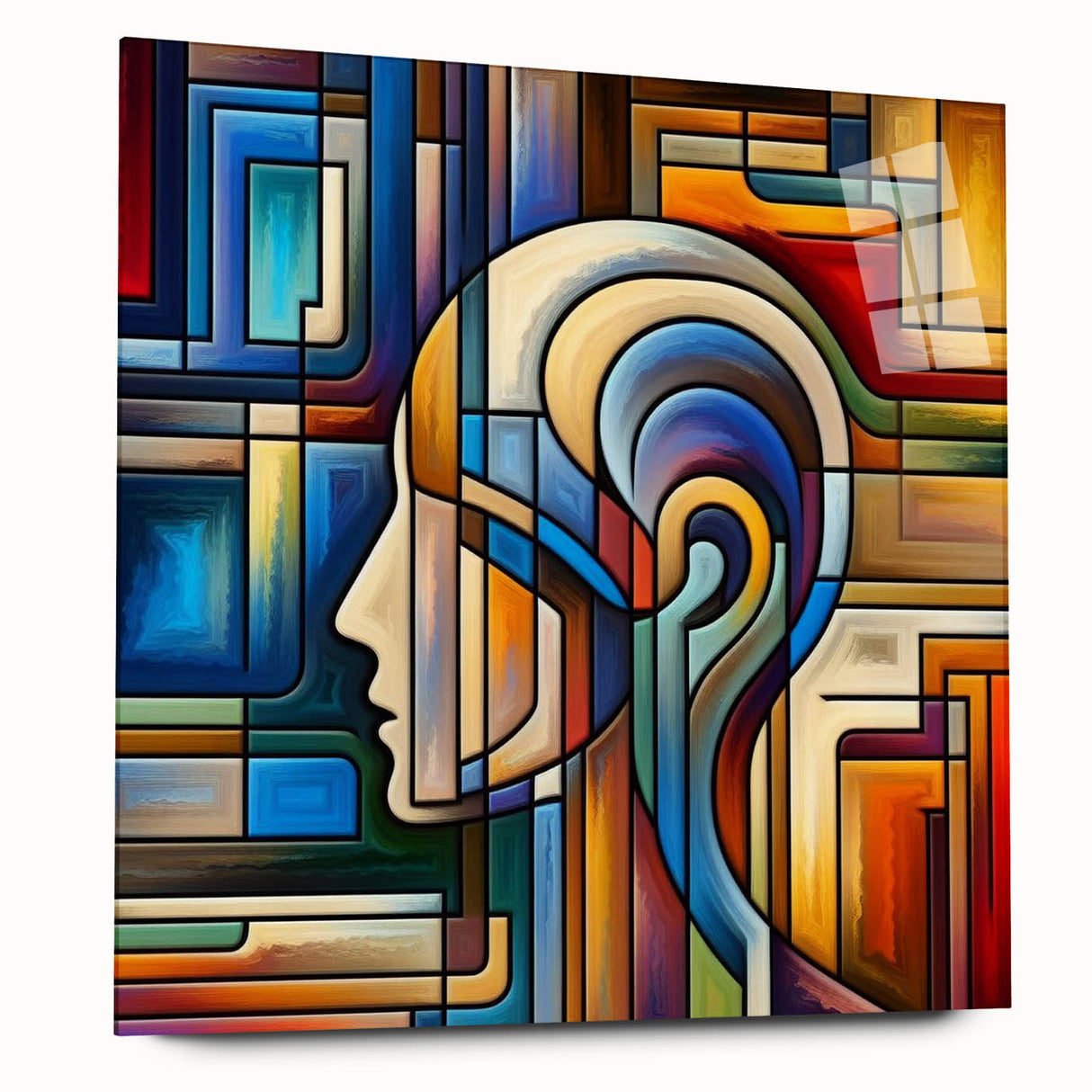 Acrylic glass sheet displayed from a side view, showcasing its transparent surface and smooth edges, ideal for framing artwork or photographs in modern decor.