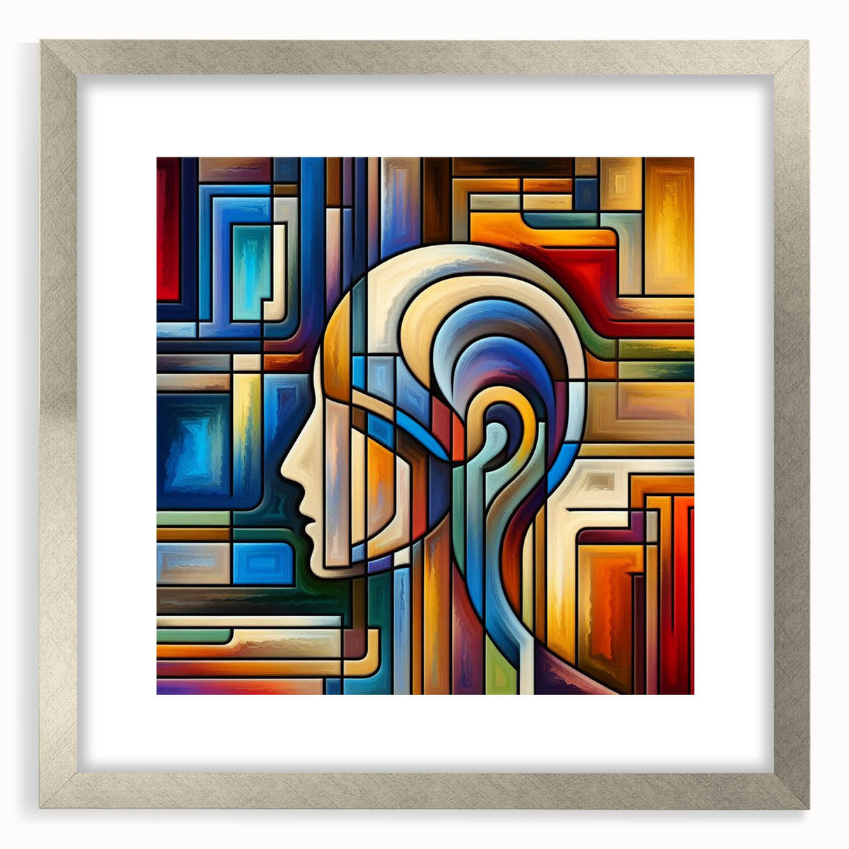 Silver-framed artwork featuring a colorful abstract design, displayed in a modern mat with a clean, elegant front view, ideal for enhancing contemporary home decor.