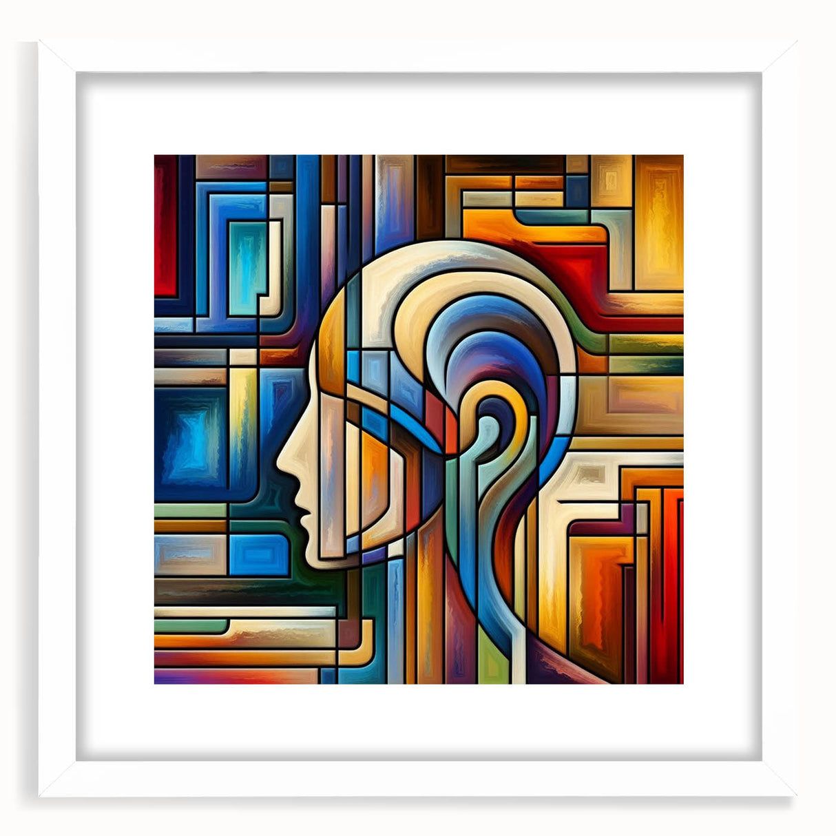 White picture frame with a mat, showcasing a beautiful artwork, viewed from the front. Ideal for home decor or gallery display, enhancing any interior space.