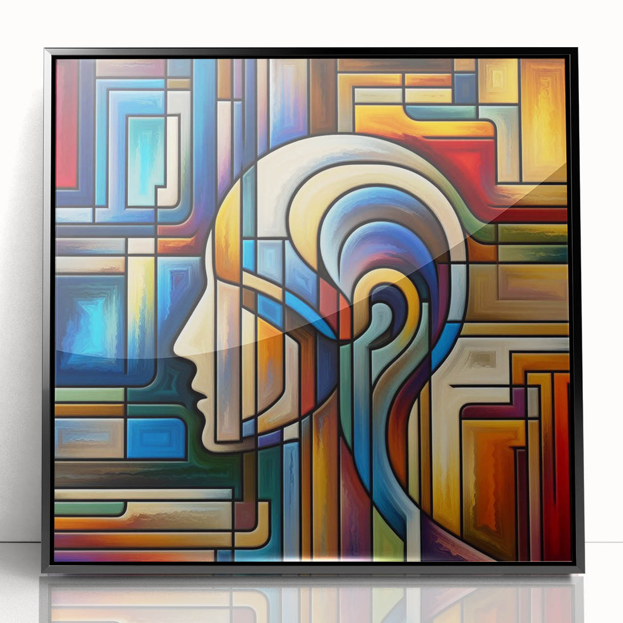 Framed acrylic art featuring a modern black abstract design, showcasing sleek lines and a glossy finish, perfect for contemporary home decor.