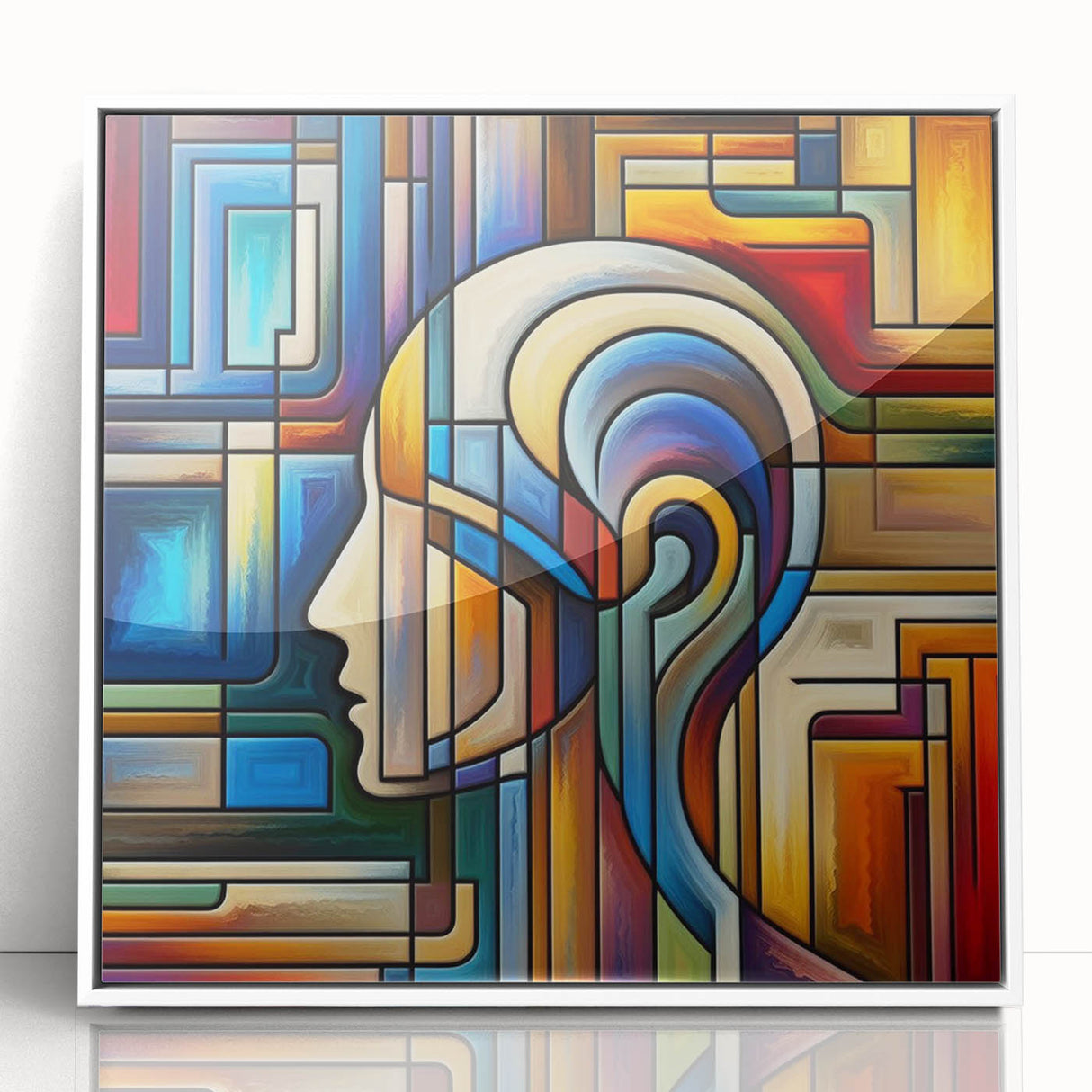 Framed acrylic artwork displaying a modern abstract design in vibrant colors, showcased from the front, perfect for contemporary home decor.
