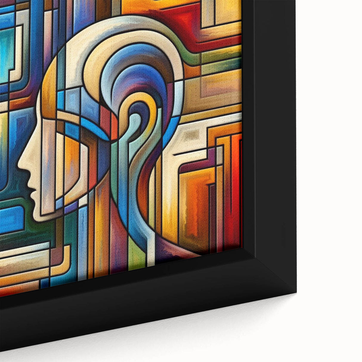 Framed canvas showcasing a vibrant abstract painting with bold colors and intricate textures, perfect for modern home decor, displayed against a neutral wall.