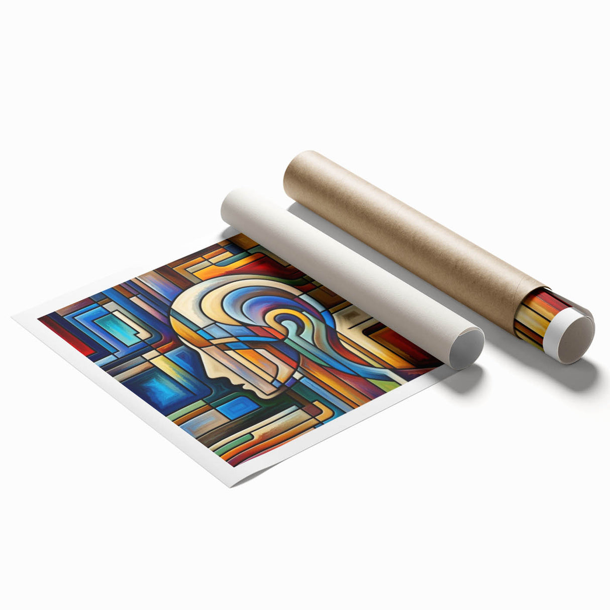 Rolled canvas print showcasing vibrant African tribal wall art with intricate patterns and textures, securely packaged in a protective cardboard tube for safe shipping.