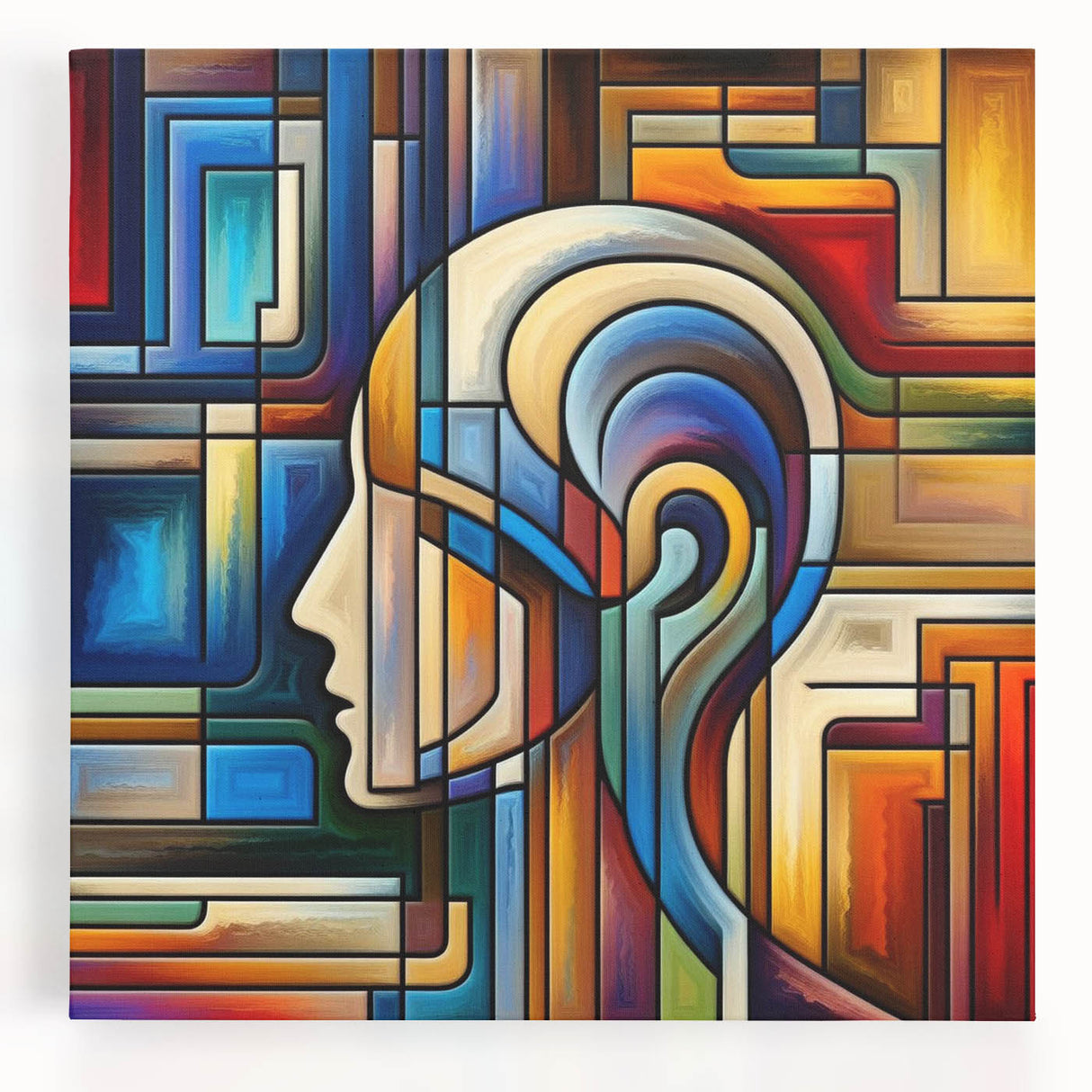 Stretched canvas wall art featuring a vibrant abstract design in shades of blue and gold, showcasing intricate patterns perfect for modern home decor.