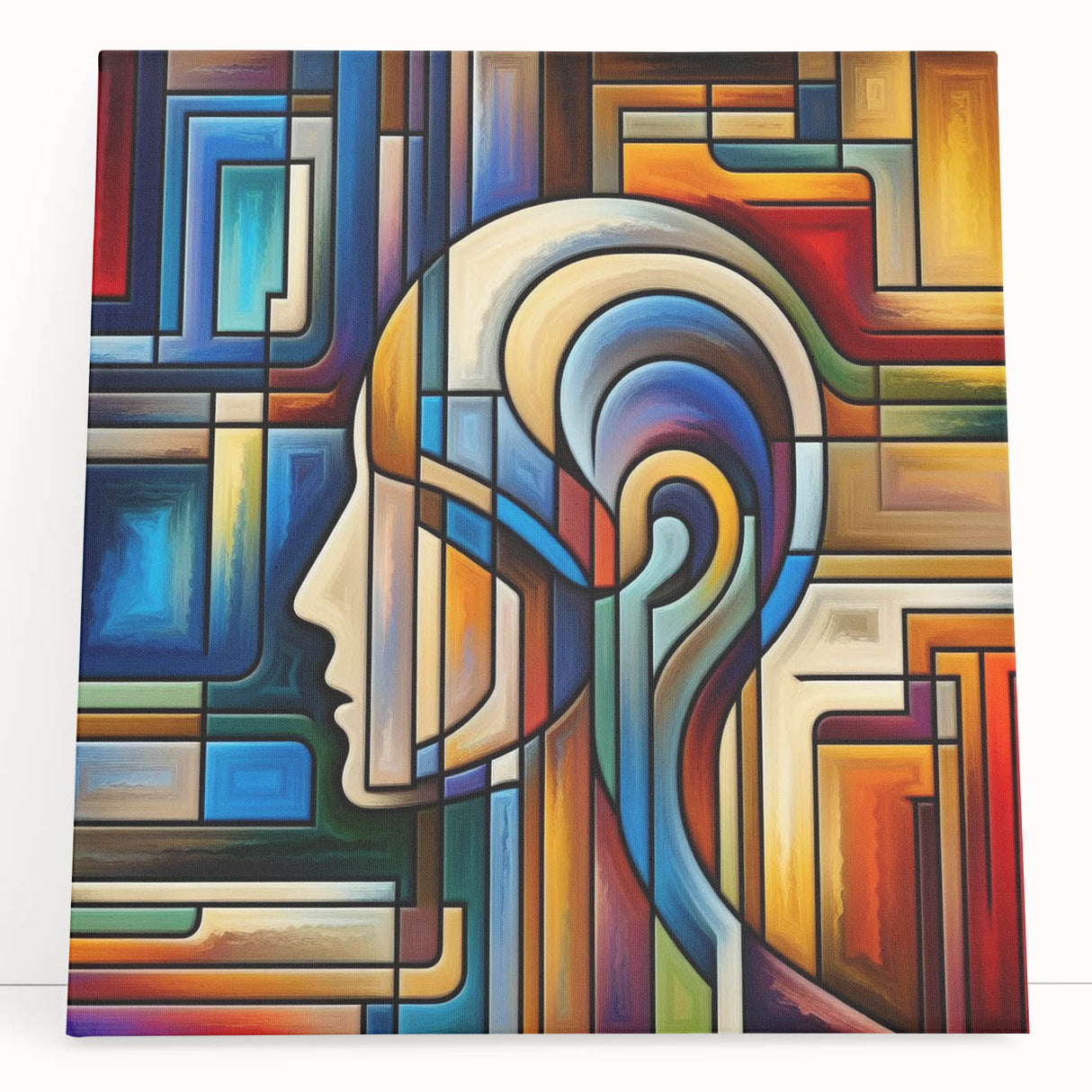 Stretched canvas artwork showcasing a serene landscape with vibrant colors, leaning against a neutral wall, perfect for home decor enhancement. Ideal for art enthusiasts seeking unique interior design elements.