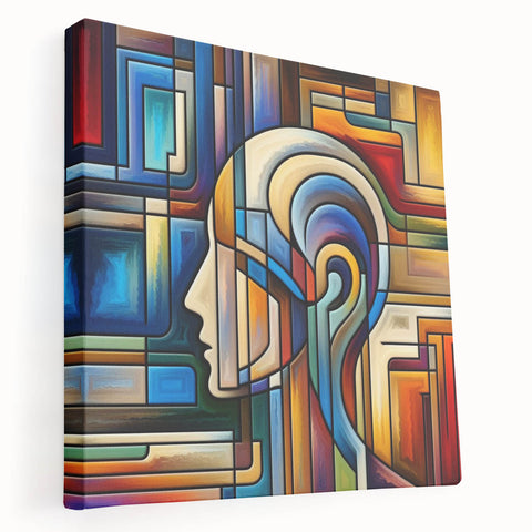 Side view of a stretched canvas showcasing vibrant abstract art, highlighting deep blues and warm oranges, ideal for modern home decor, displayed on a sleek easel.