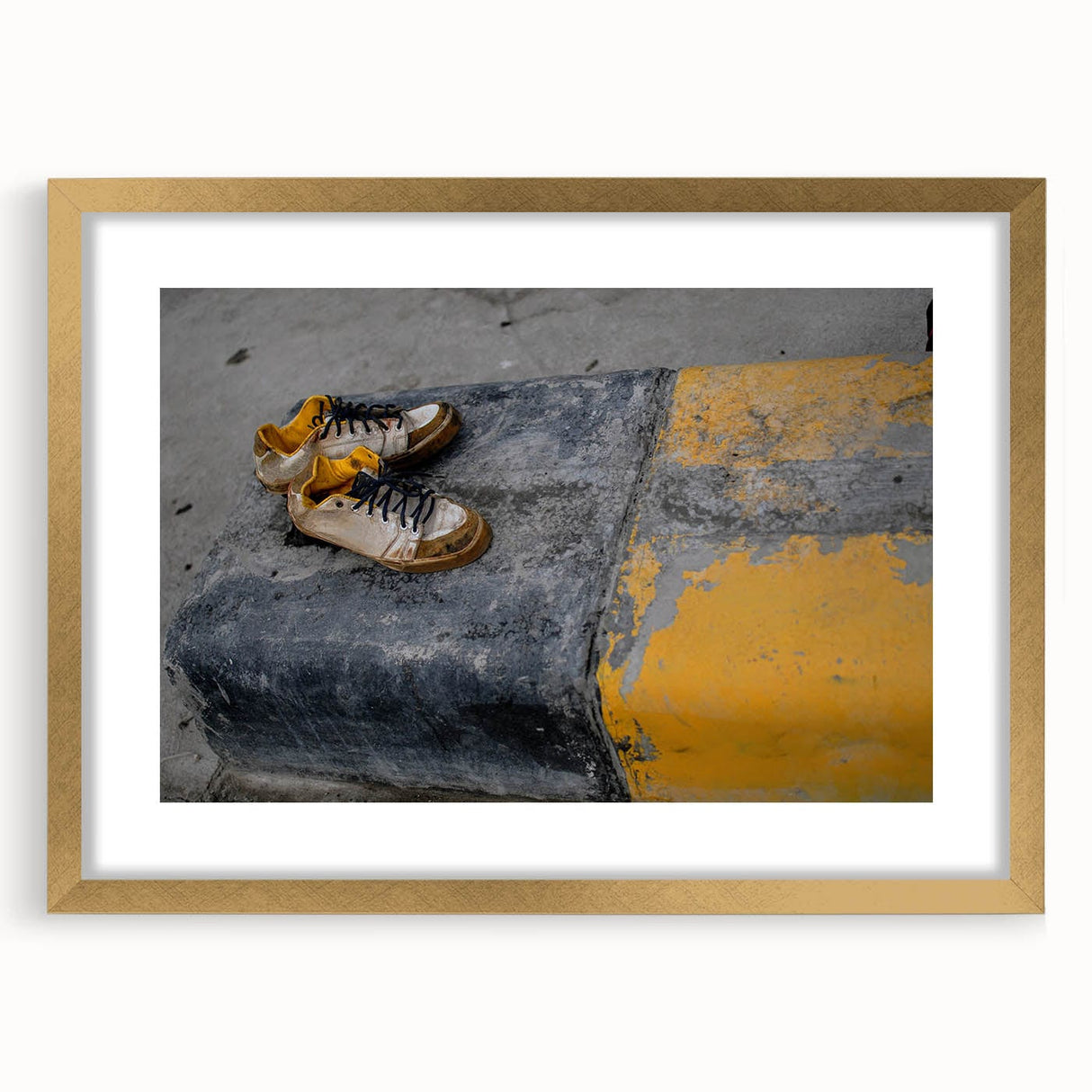 Metropolitan Photography Art – Urban Shoes on Yellow Curb Print