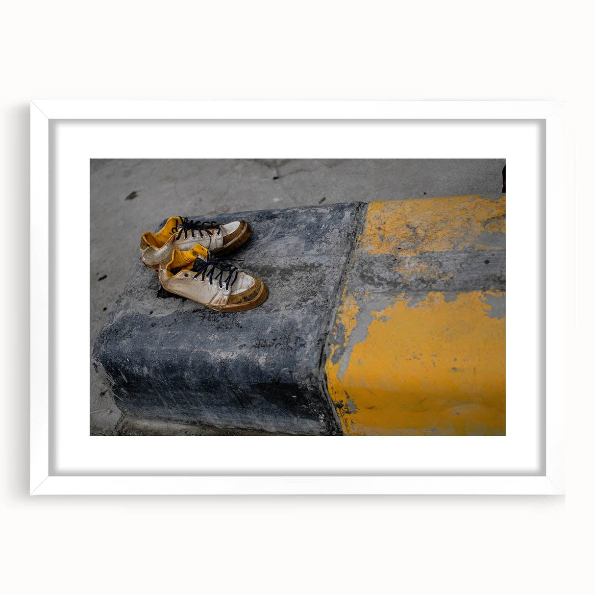 Metropolitan Photography Art – Urban Shoes on Yellow Curb Print
