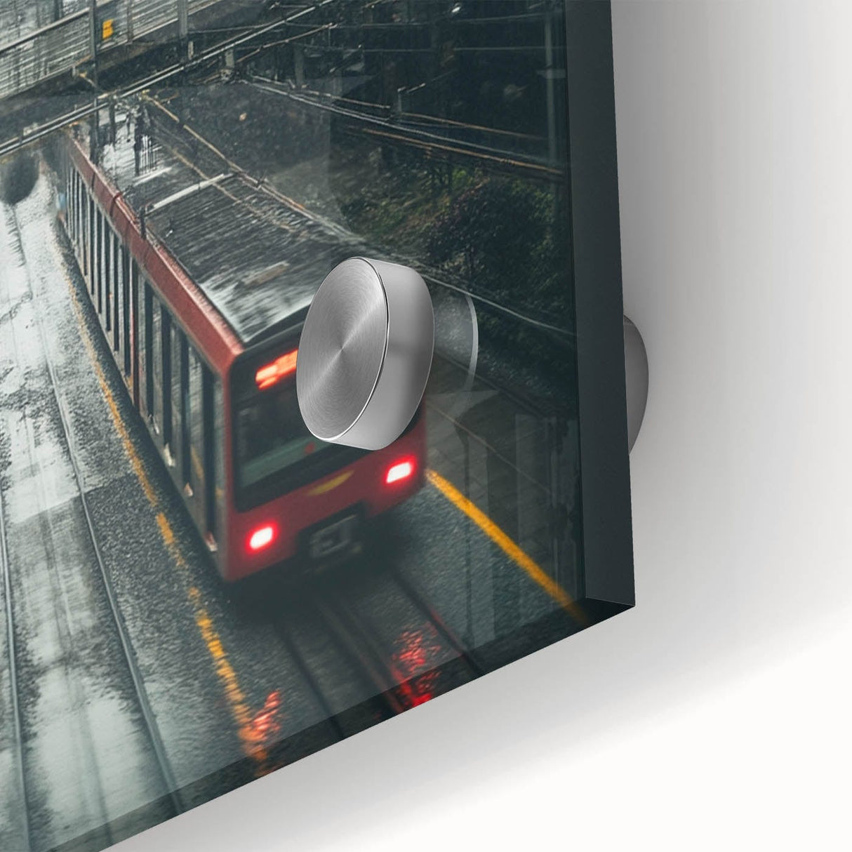 Modern Urban Landscape Art – Rainy Tram Through City Towers