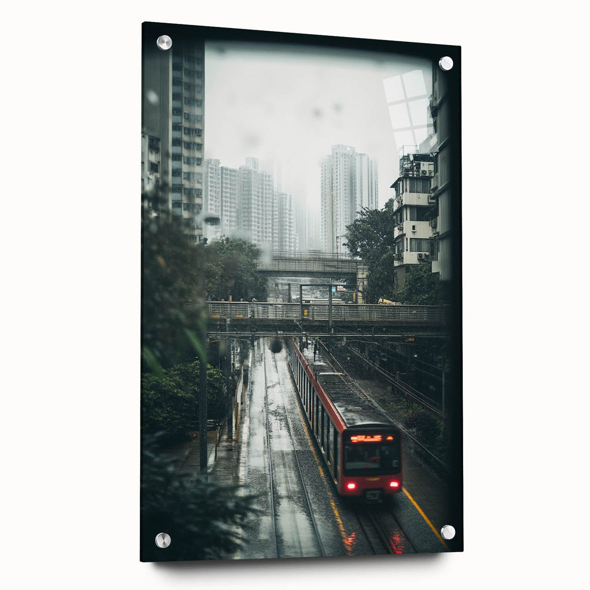Modern Urban Landscape Art – Rainy Tram Through City Towers
