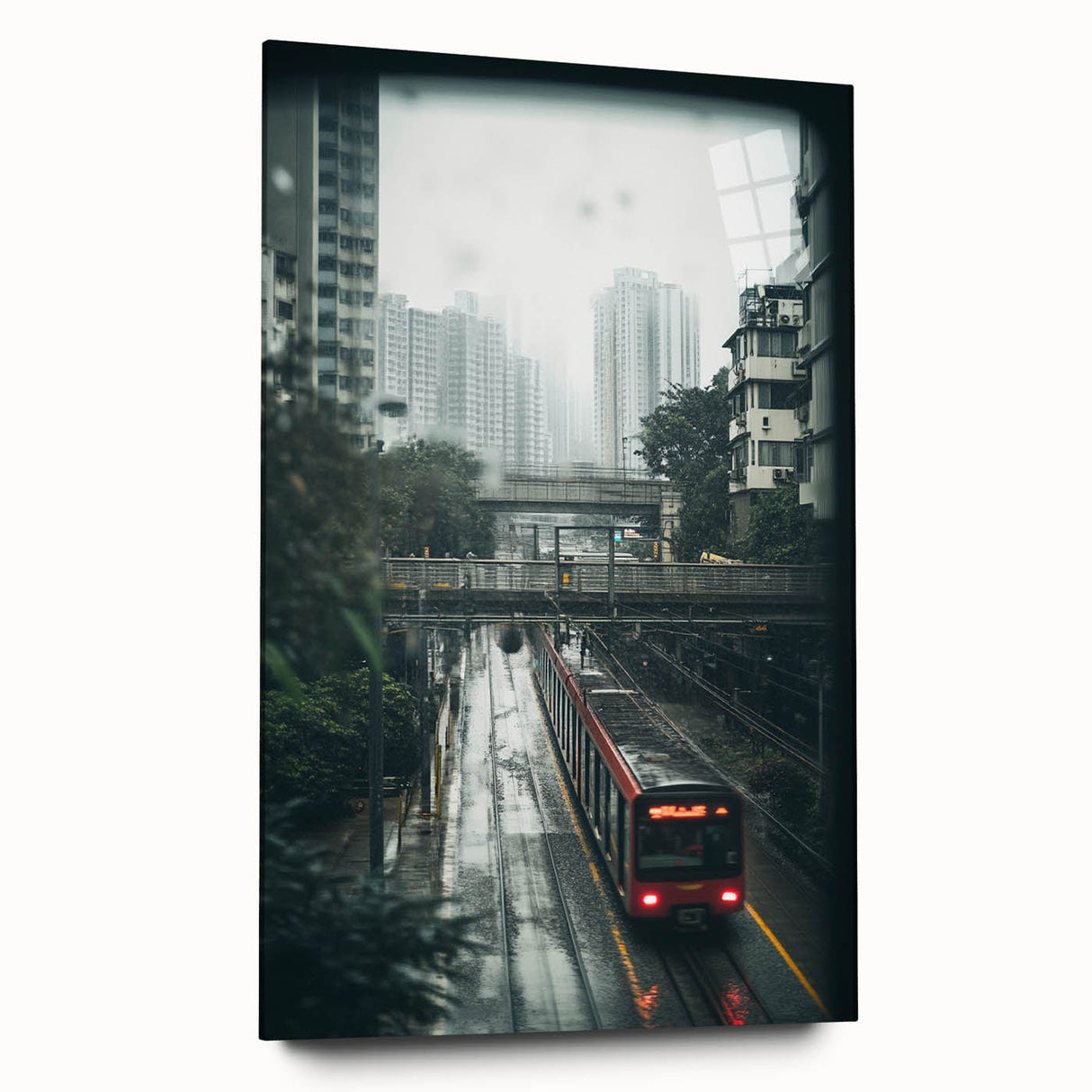 Modern Urban Landscape Art – Rainy Tram Through City Towers
