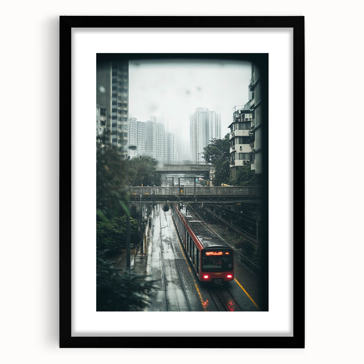 Modern Urban Landscape Art – Rainy Tram Through City Towers