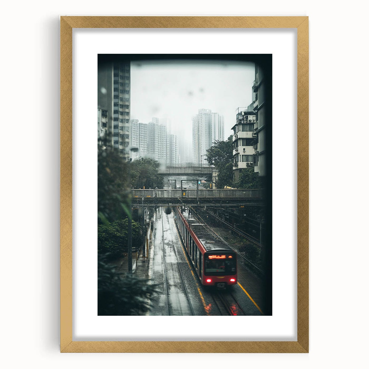 Modern Urban Landscape Art – Rainy Tram Through City Towers
