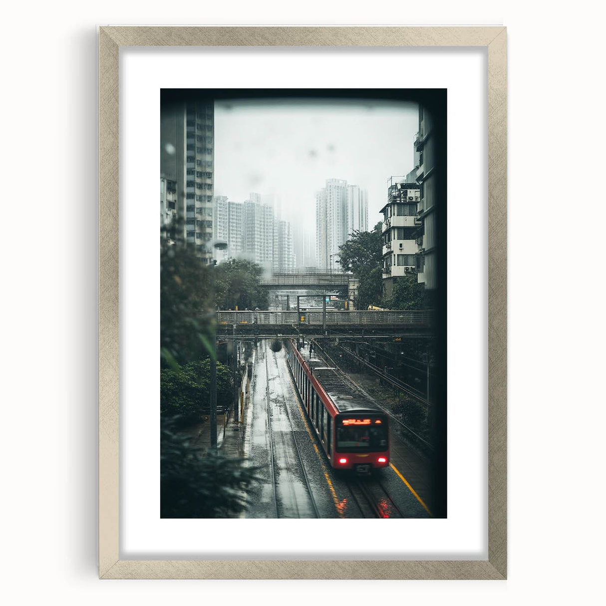 Modern Urban Landscape Art – Rainy Tram Through City Towers