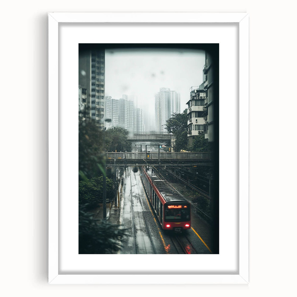 Modern Urban Landscape Art – Rainy Tram Through City Towers