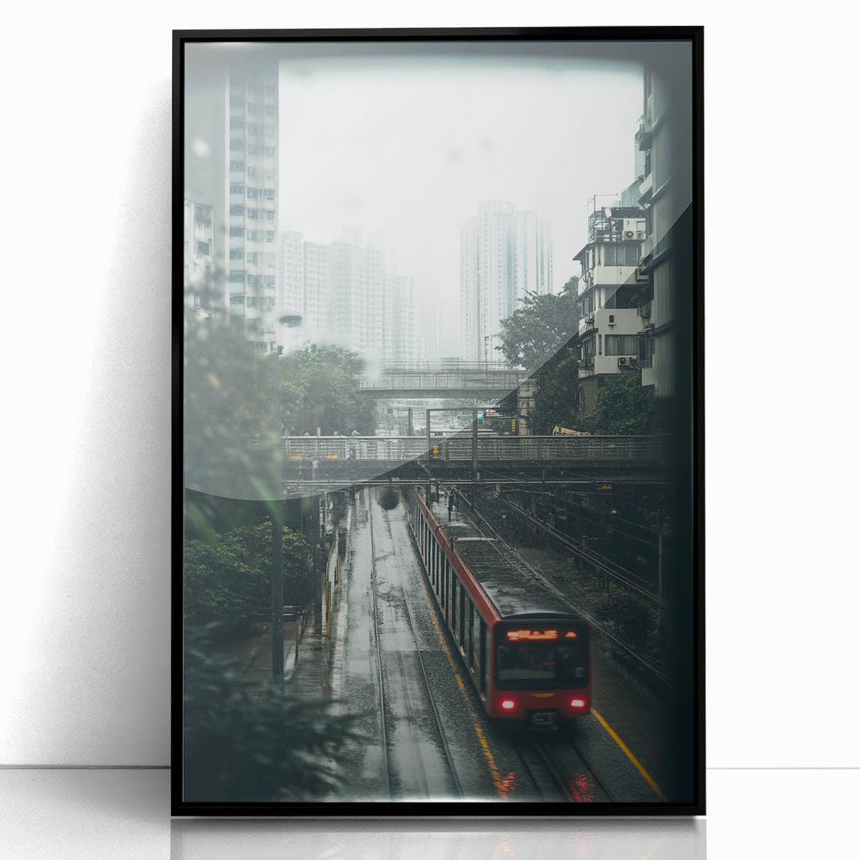 Modern Urban Landscape Art – Rainy Tram Through City Towers