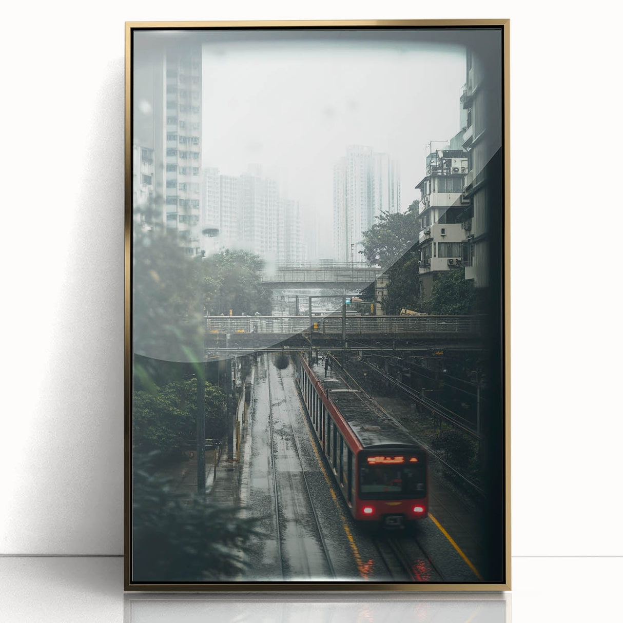 Modern Urban Landscape Art – Rainy Tram Through City Towers