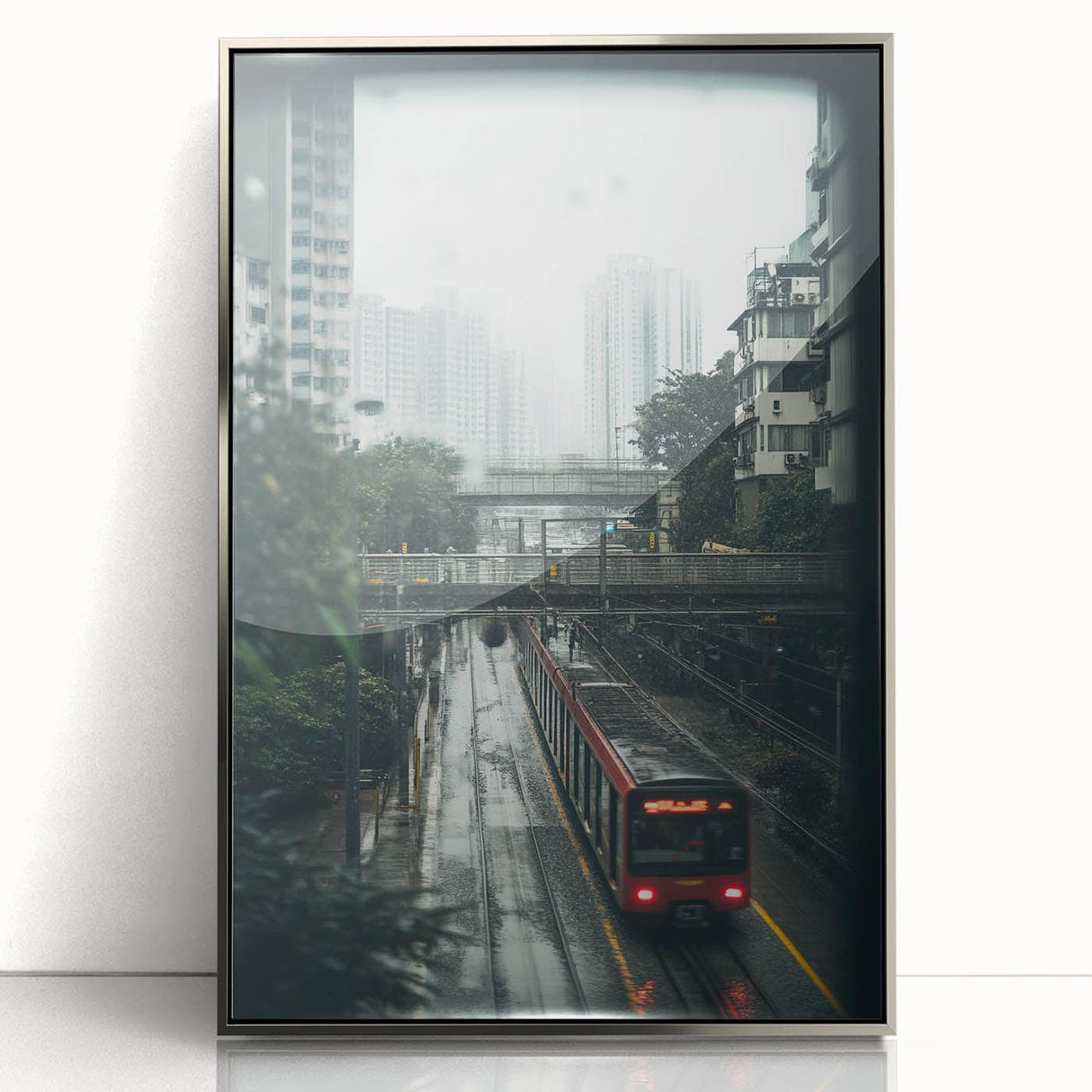 Modern Urban Landscape Art – Rainy Tram Through City Towers